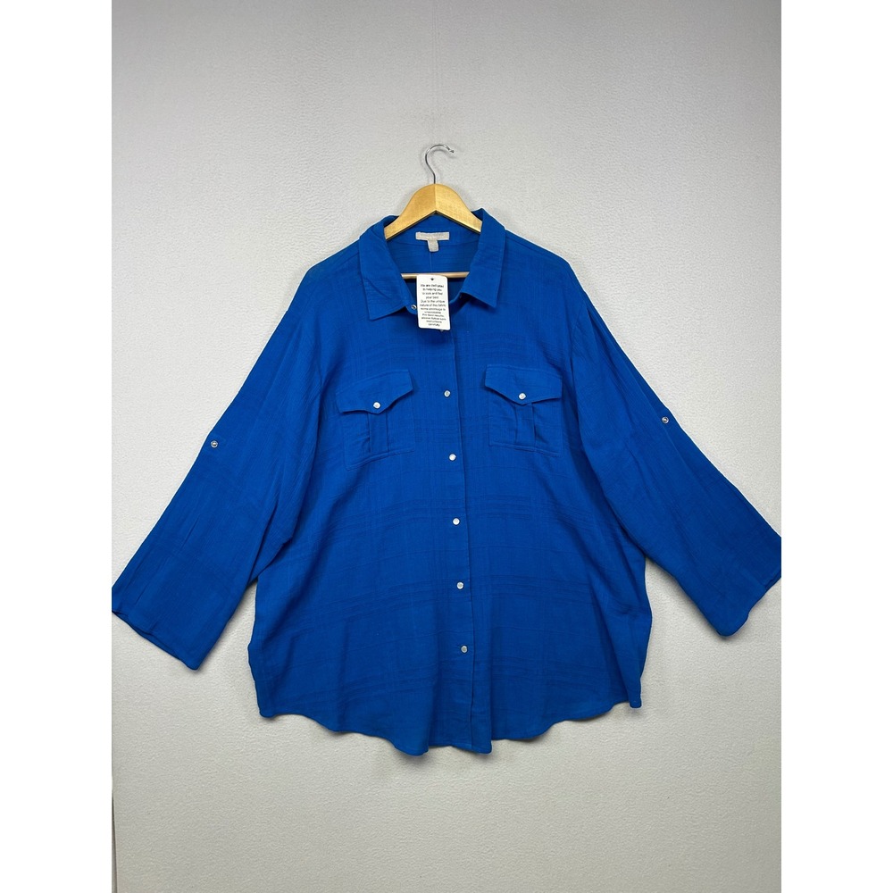 Coastal Boho Woman Within Womens 1X 22/24 Blue Textured Cotton Button Up Shirt